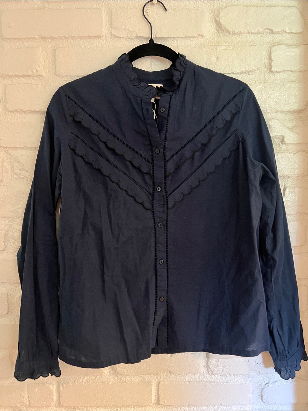 Sezane Navy Scalloped Button-Down Blouse